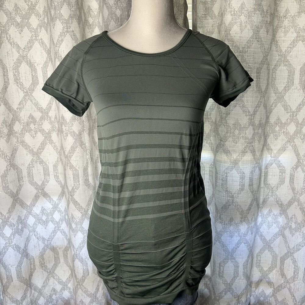 Athleta Fastest Track Ruched Short Sleeve Tee Green Striped Workout Top M